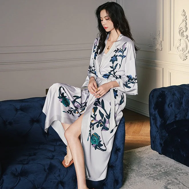 V Neck Full Length Floral Silk Sleepwear Pyjamas Morning Robe