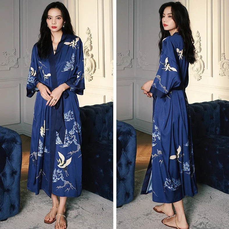 V Neck Full Length Pine Trees and Cranes Pattern Silk Sleepwear Pyjamas Morning Robe