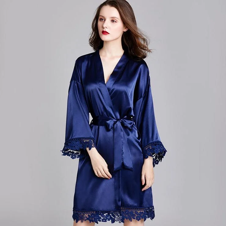 V Neck Silk Loungewear Nightwear Pajamas with Floral Lace Edge