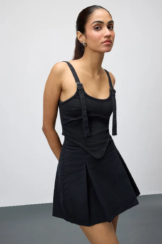 Black Denim Adjustable Strap Bustier Top