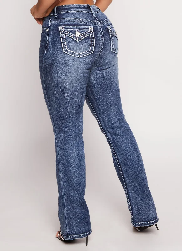 WAX Rhinestone Back Pocket Boot Cut Jeans