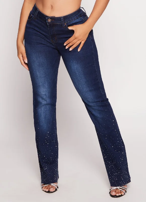 WAX Rhinestone Raw Hem Boot Cut Jeans