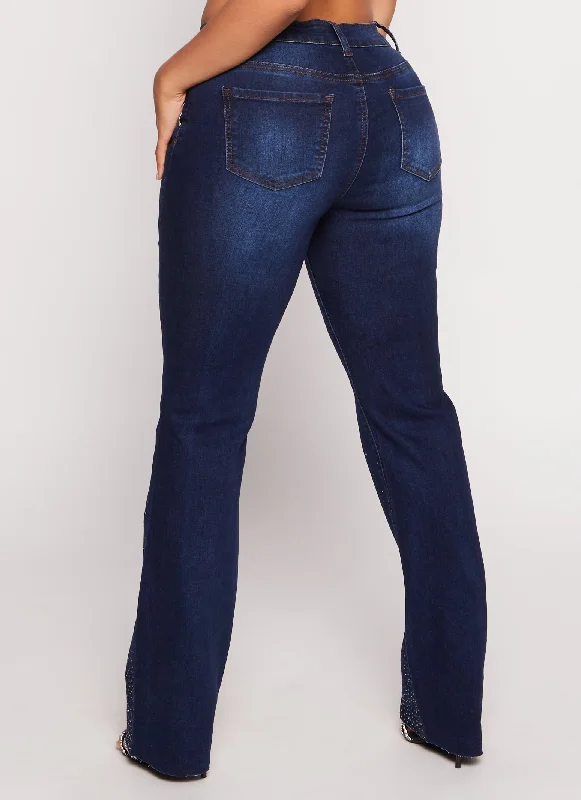 WAX Rhinestone Raw Hem Boot Cut Jeans