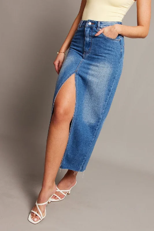 Denim Maxi Skirt High Rise Front Split