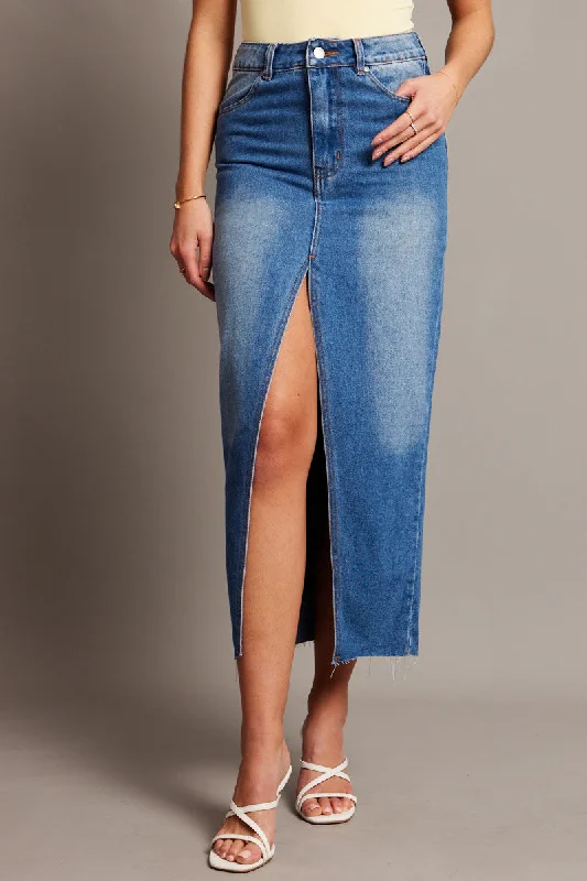 Denim Maxi Skirt High Rise Front Split