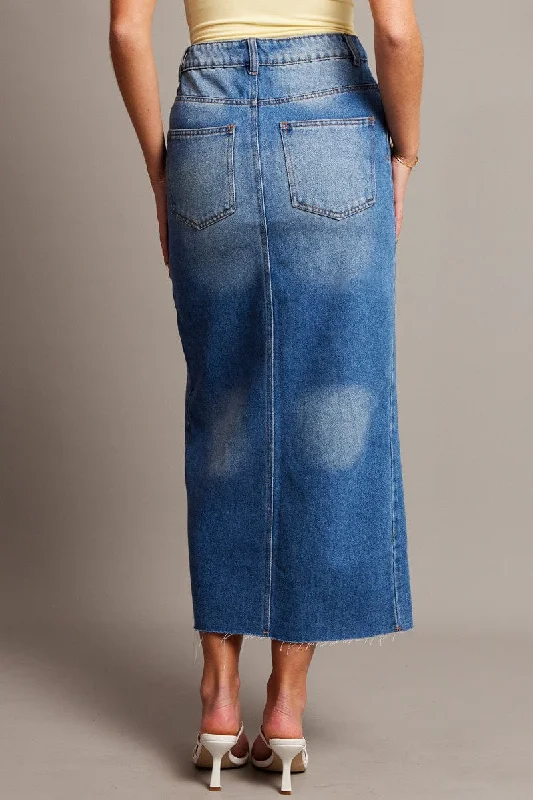 Denim Maxi Skirt High Rise Front Split