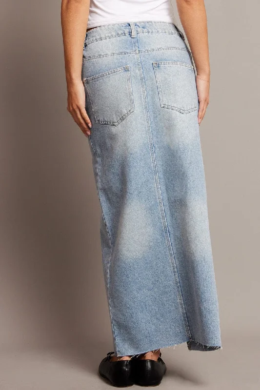 Denim Maxi Skirt High Rise Front Split