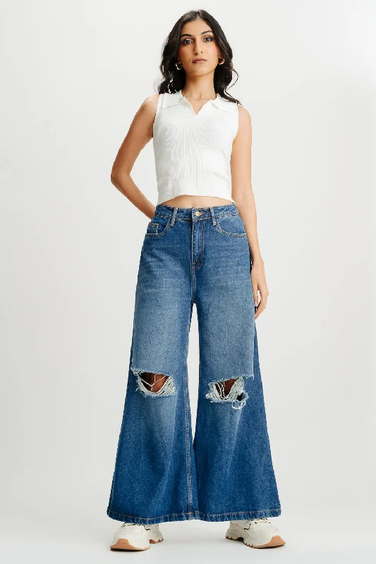 Blue Distressed Wide Flare Jeans