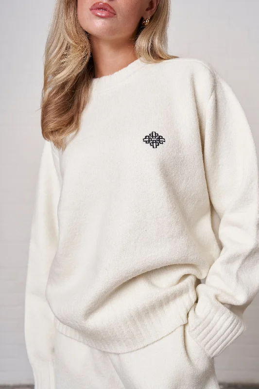 FLUFFY EMBLEM EMBROIDERED CREW - OFF WHITE