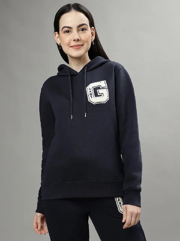 Gant Women Navy Blue Solid Hooded Long Sleeves Sweatshirts