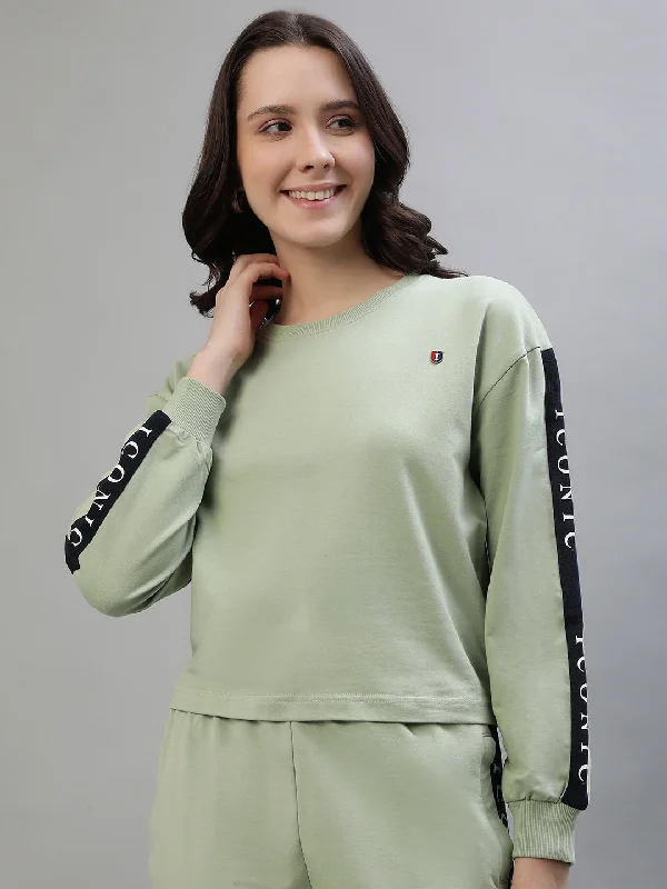 Iconic Women Green Solid Round Neck Sweatshirt