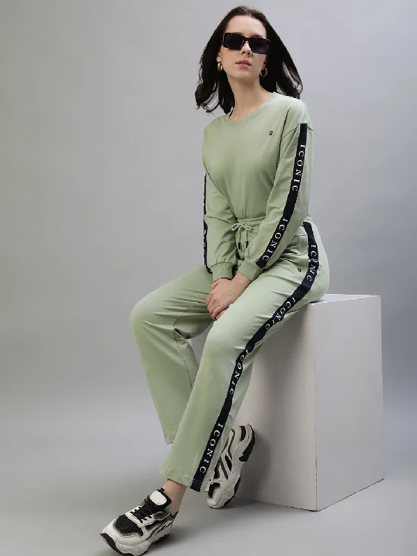 Iconic Women Green Solid Round Neck Sweatshirt