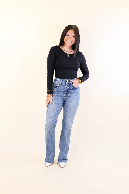 Judy Blue | Accordingly Adorable Double Button Bootcut Jeans with Raw Hem in Light Wash