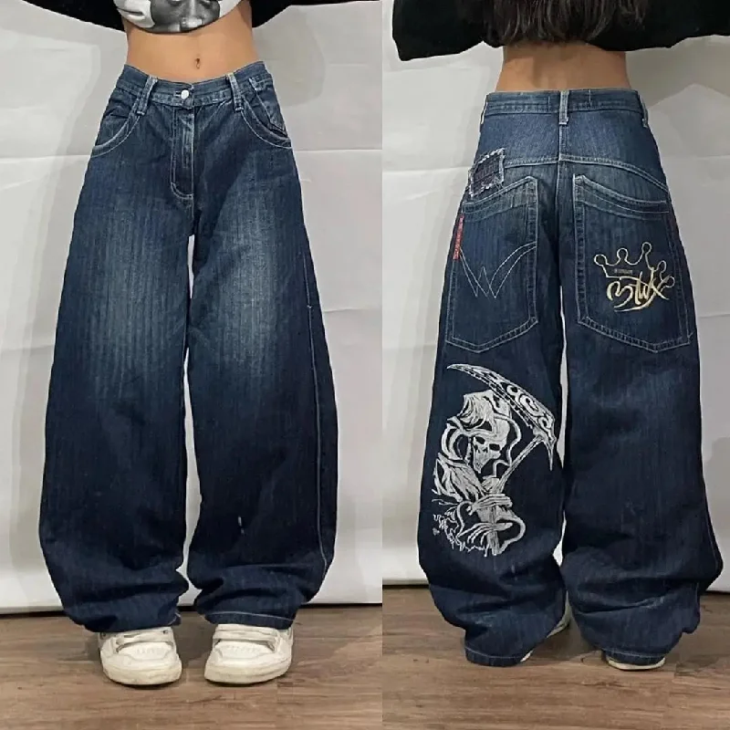 Getadme Korean Fashion Y2K Hip Hop Street Big Pocket Classic Death Print Baggy Jeans Vintage High Waist Denim Pants Men's Wide Leg Pants