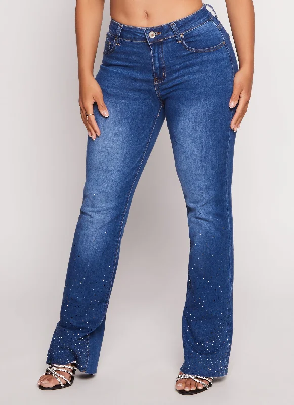 WAX Rhinestone Raw Hem Boot Cut Jeans