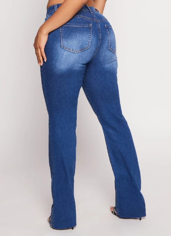 WAX Rhinestone Raw Hem Boot Cut Jeans