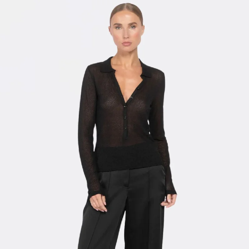 Mesh Lace Long Sleeve Polo (Black)