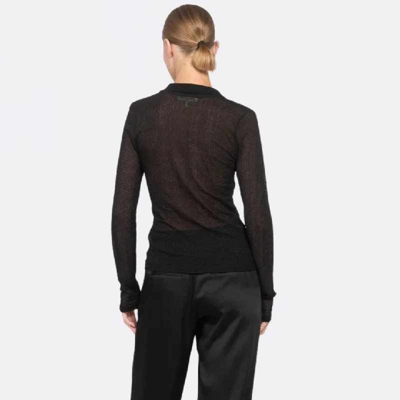 Mesh Lace Long Sleeve Polo (Black)