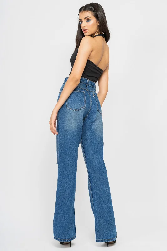 Mid Blue Distress Bootcut Jeans