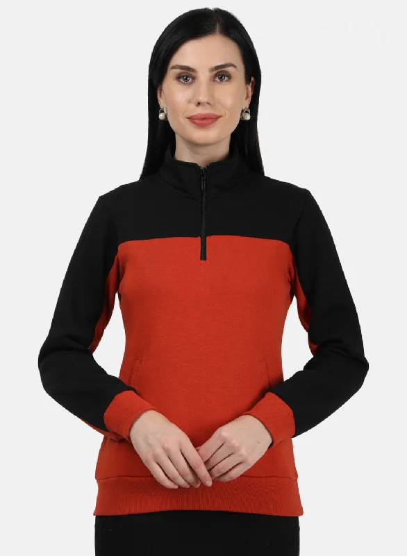 Women Black & Orange Plain Sweatshirt