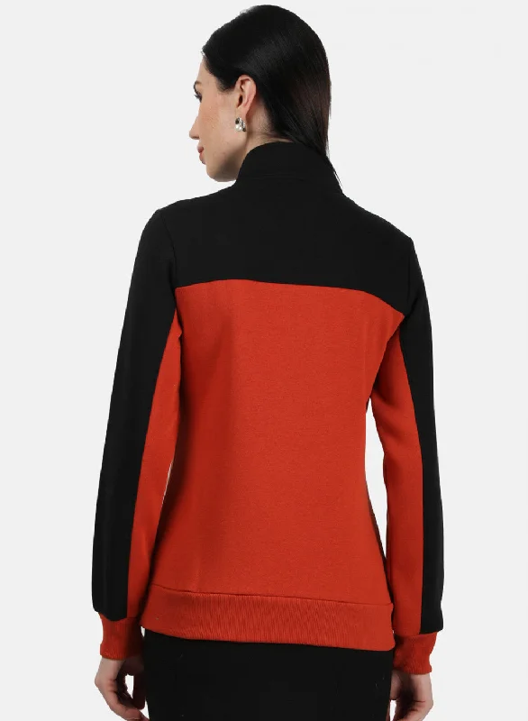 Women Black & Orange Plain Sweatshirt