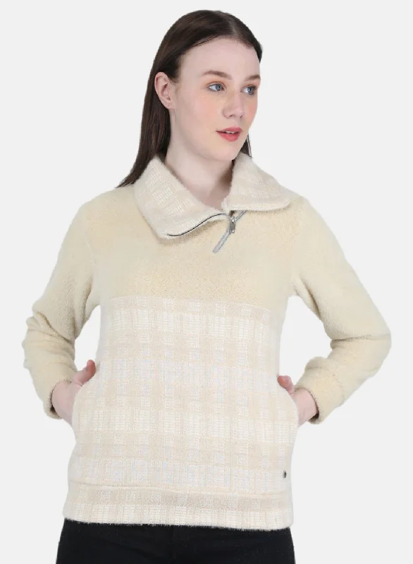 Women Beige Check Sweatshirt