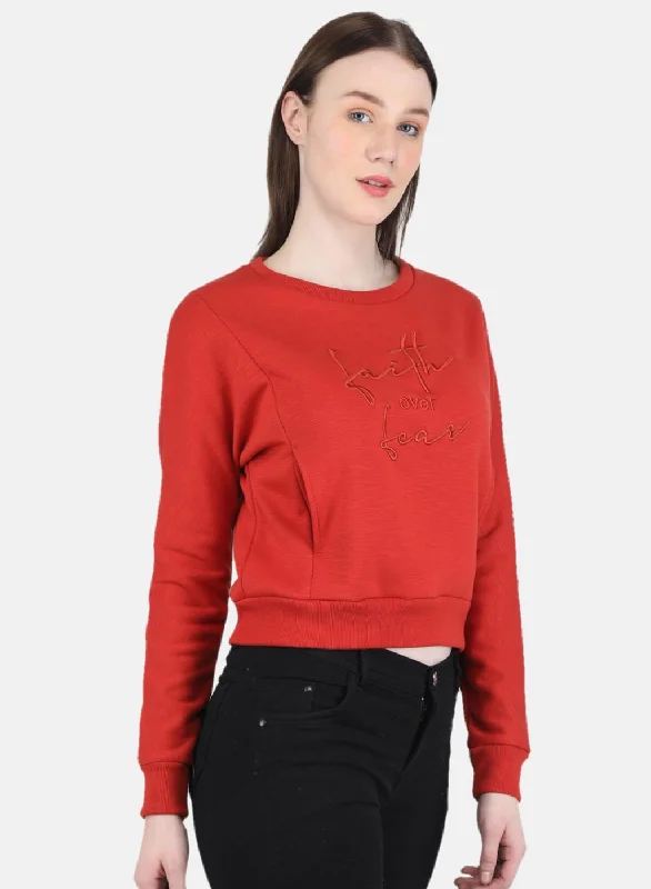 Women Orange Embroidered Sweatshirt