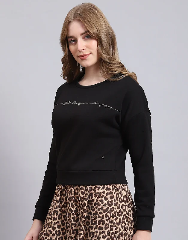 Women Black Embroidered Round Neck Full Sleeve Sweatshirt