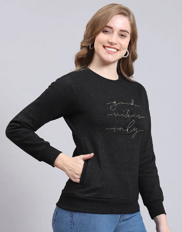 Women Black Embroidered Round Neck Full Sleeve Sweatshirt