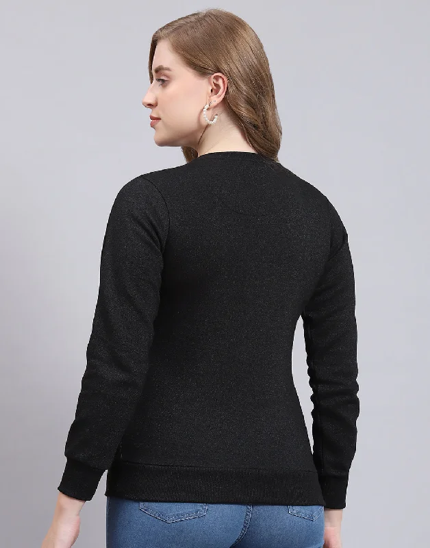 Women Black Embroidered Round Neck Full Sleeve Sweatshirt