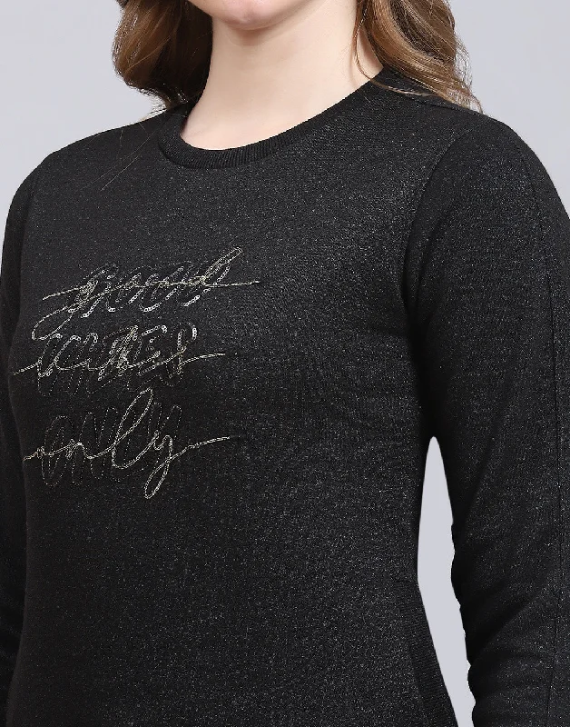 Women Black Embroidered Round Neck Full Sleeve Sweatshirt