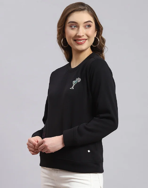 Women Black Printed Round Neck Full Sleeve Sweatshirt