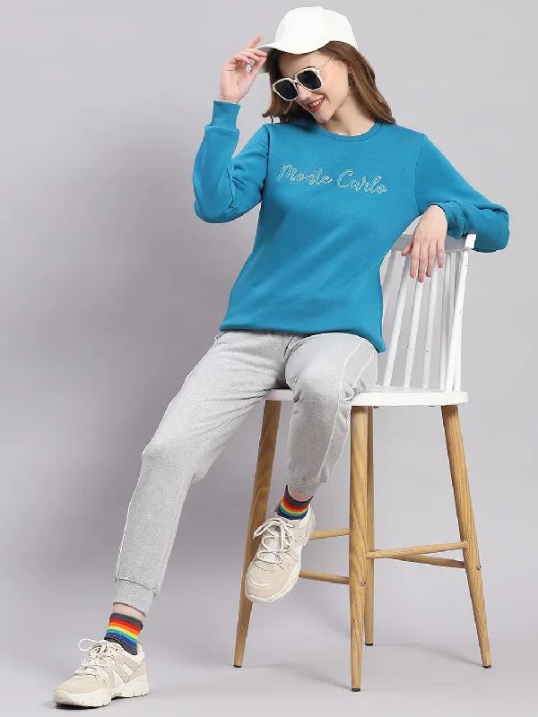 Women Blue Embroidered Round Neck Full Sleeve Sweatshirts