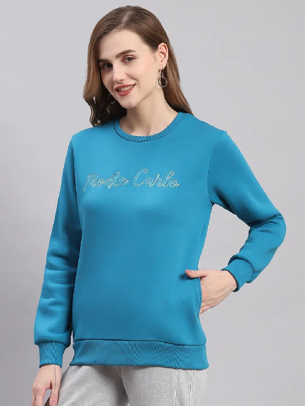 Women Blue Embroidered Round Neck Full Sleeve Sweatshirts