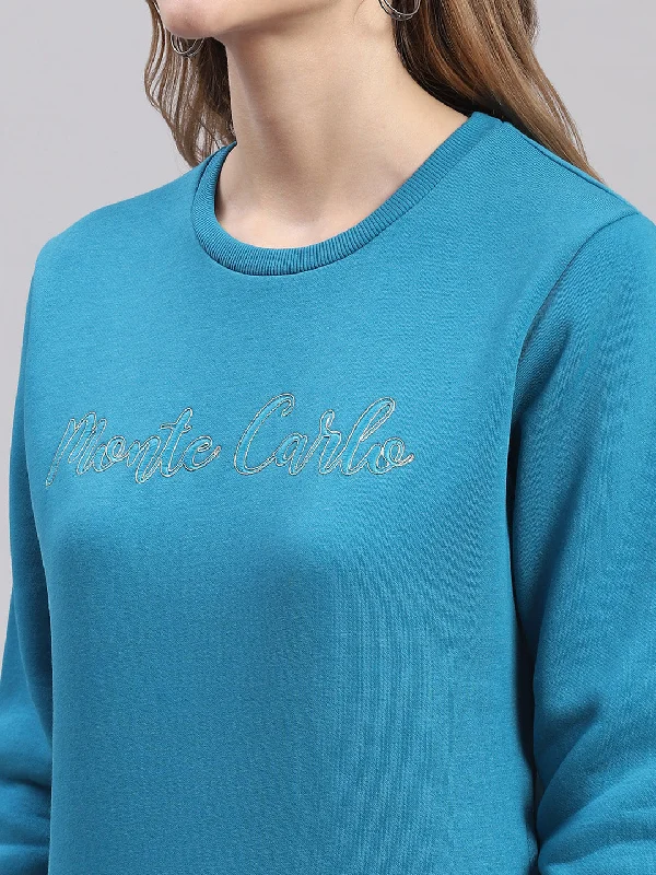 Women Blue Embroidered Round Neck Full Sleeve Sweatshirts