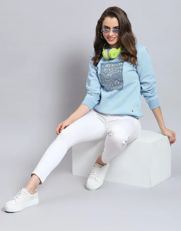 Women Blue Printed Round Neck Full Sleeve Sweatshirt