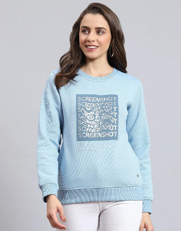 Women Blue Printed Round Neck Full Sleeve Sweatshirt