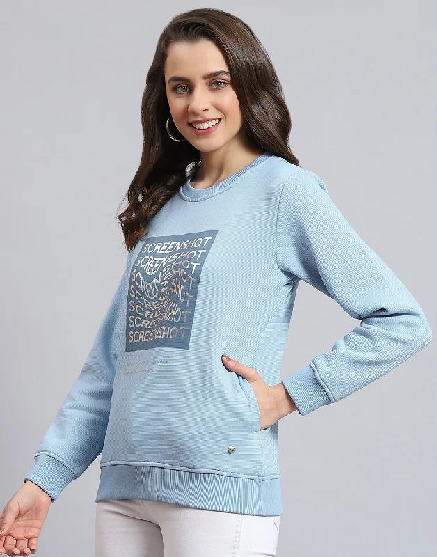 Women Blue Printed Round Neck Full Sleeve Sweatshirt