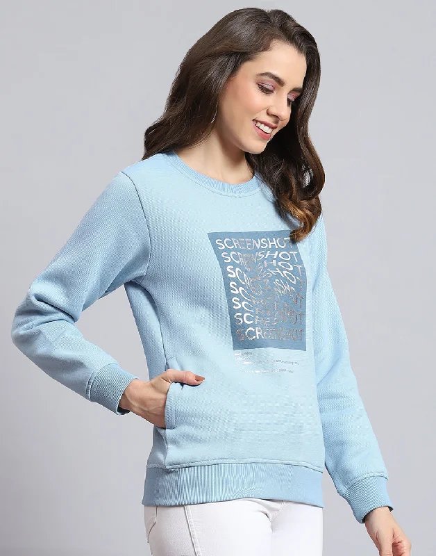 Women Blue Printed Round Neck Full Sleeve Sweatshirt