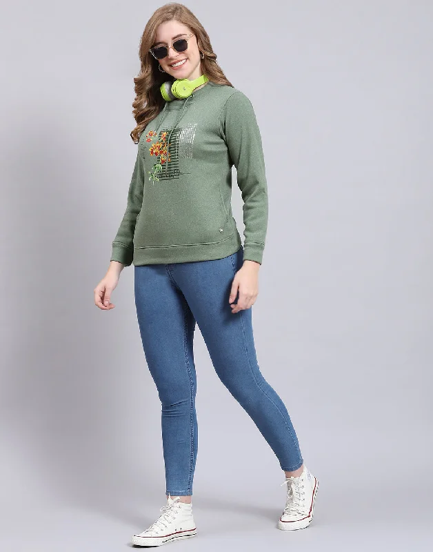 Women Green Printed Round Neck Full Sleeve Sweatshirt