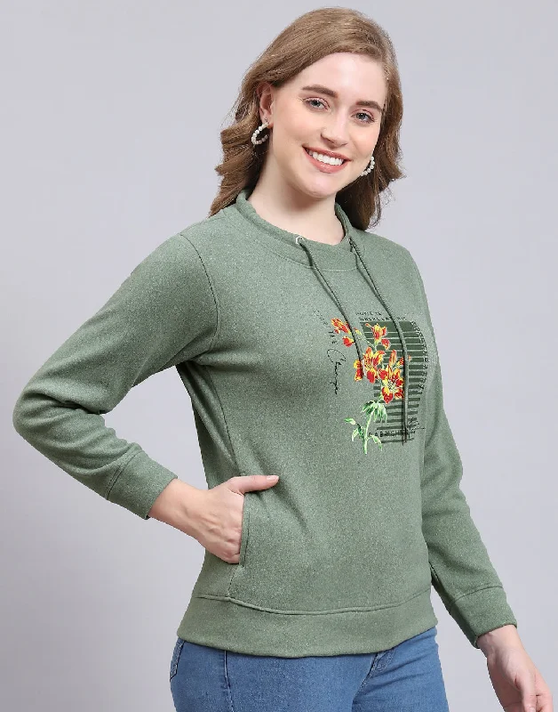 Women Green Printed Round Neck Full Sleeve Sweatshirt