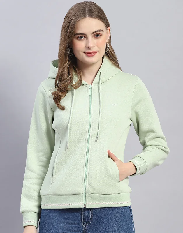 Women Green Solid Hooded Full Sleeve Sweatshirt