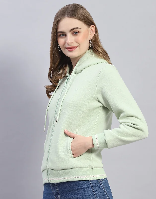 Women Green Solid Hooded Full Sleeve Sweatshirt