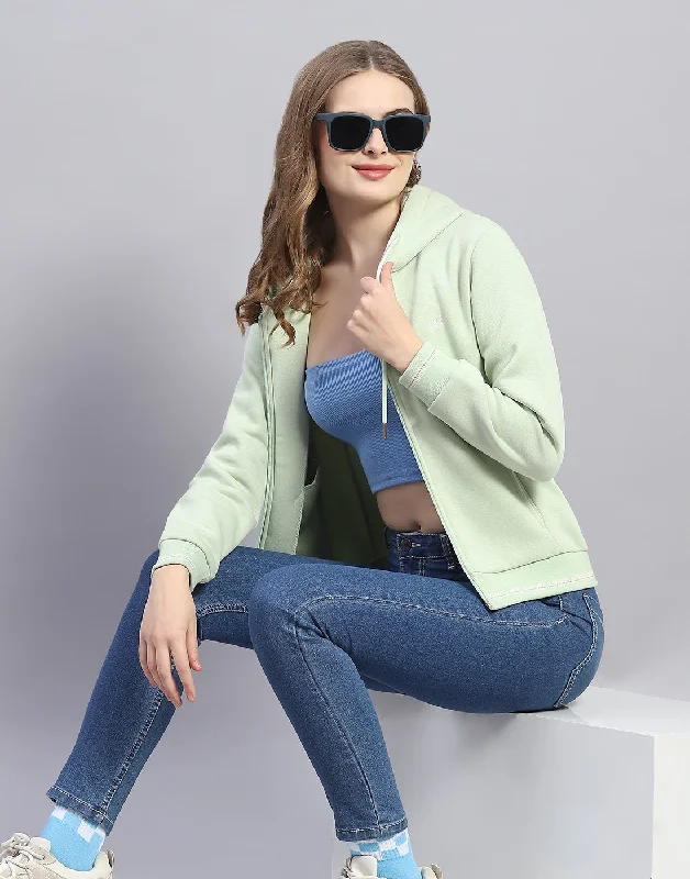 Women Green Solid Hooded Full Sleeve Sweatshirt