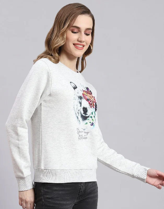 Women Grey Embroidered Round Neck Full Sleeve Sweatshirt