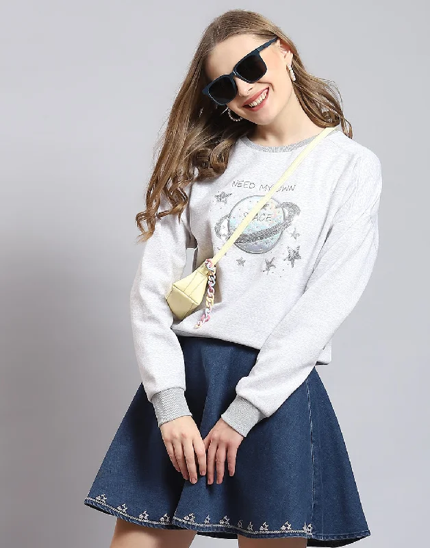 Women Grey Melange Embellished Round Neck Full Sleeve Sweatshirt