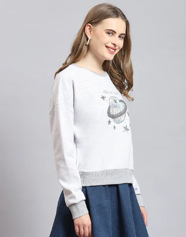 Women Grey Melange Embellished Round Neck Full Sleeve Sweatshirt