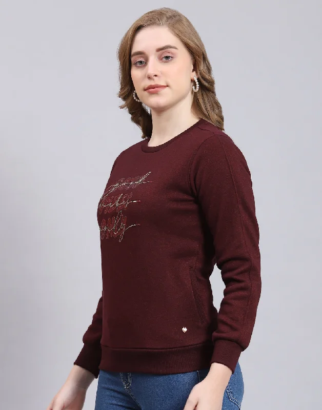 Women Maroon Embroidered Round Neck Full Sleeve Sweatshirt