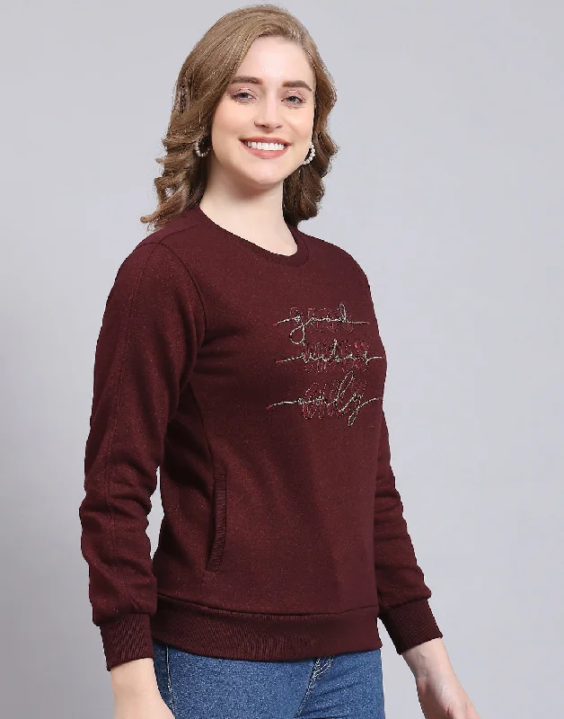 Women Maroon Embroidered Round Neck Full Sleeve Sweatshirt