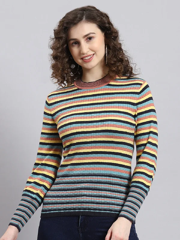 Women Multicolor Stripe Round Neck Full Sleeve Sweatshirt